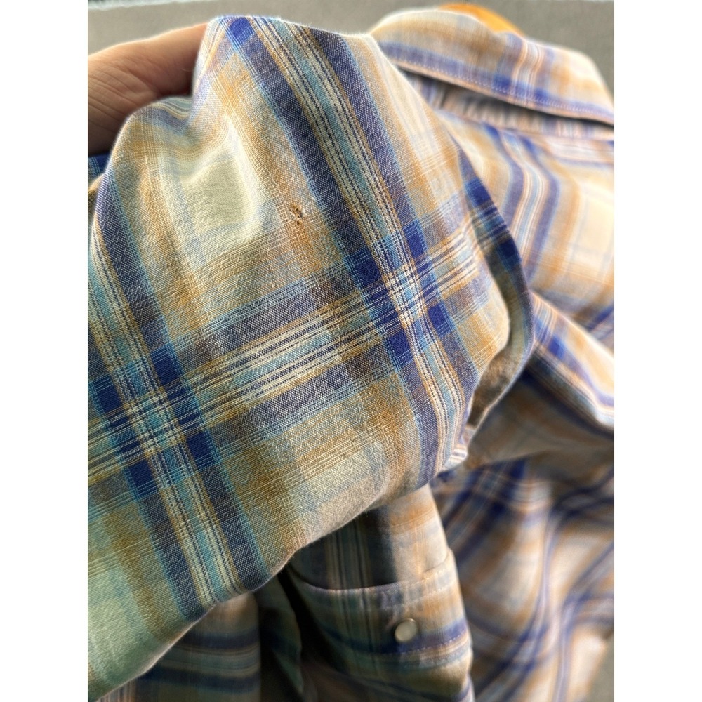 Wrangler Western Shirt Men XL Pearl Snap Plaid Blue Tan Cotton Vintage 90s Style - Picture 3 of 5